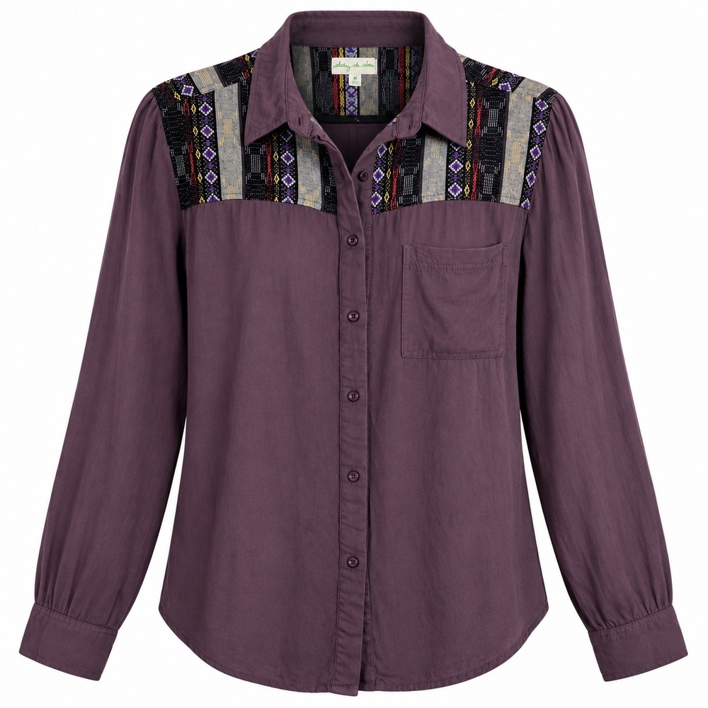 STARING AT STARS Western Boho Button-Up Long-Sleeve Mixed Media Top, Medium